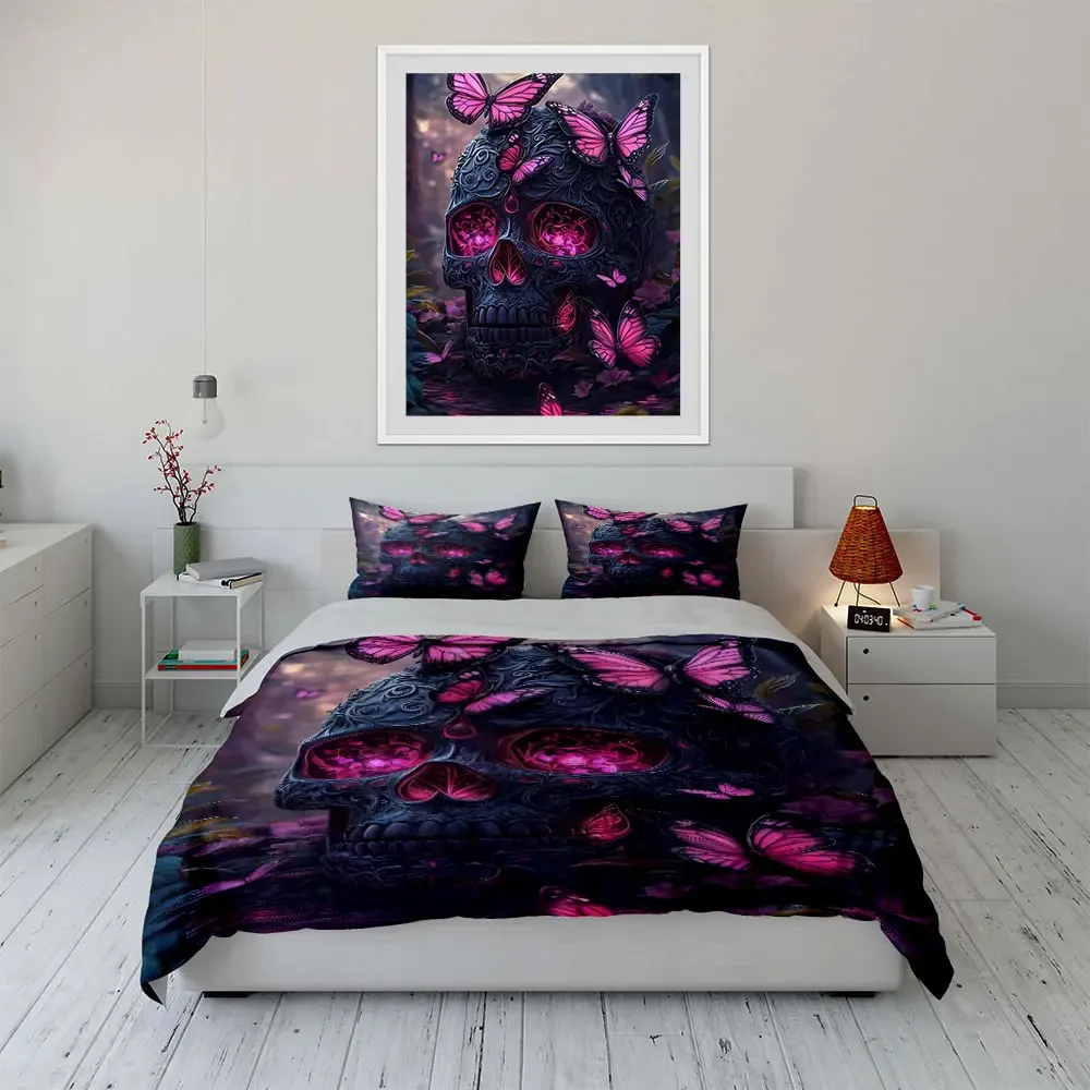 Elegant Skull Butterfly Decor Set Multiple sizes kid's and adults' bedroom Exquisite 3PC bedding set, gift
