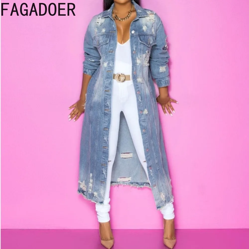 

FAGADOER Fashion Hole Long Sleeve Denim Jacket Women Turndown Collar Button Pocket Loose Coat Casual Female Cowboy Matching Tops