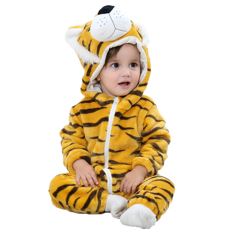 Baby Boys Hooded Pyjamas Cute Tiger Lion and Leopard Soft Warm Flannel Zipper Jumpsuit Romper Winter New Year  Animal Costumes