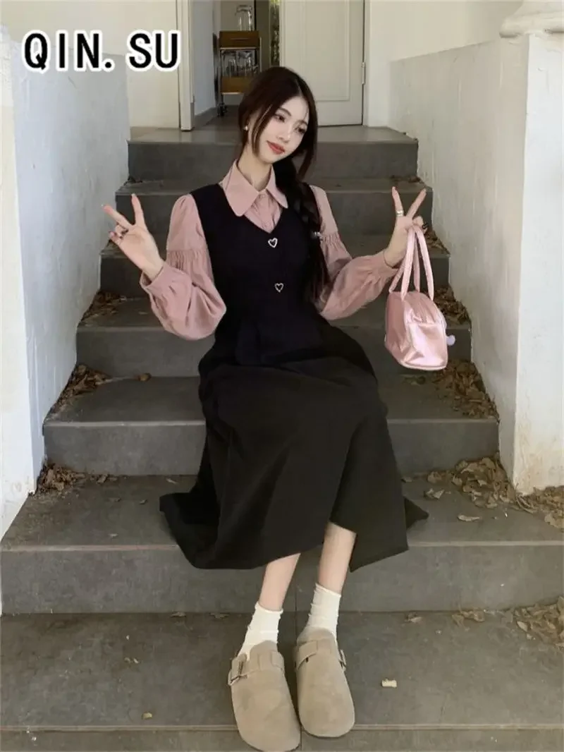 프랑스 레트로 스타일 여성용 스몰 스윗 숄더 스트랩 드레스 신상 폴로 카라 긴팔 셔츠 투피스 세트