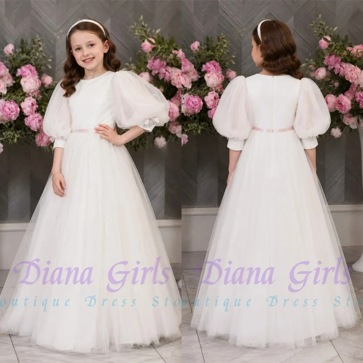Quality Elegant Pink Tulle Fluffy A-Line Flower Girl Dress for Kids Wedding Birthday Party Ball Evening Gowns Customizable