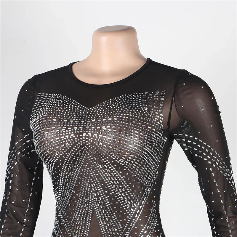 เซ็กซี่คริสตัล Rhinestones Mermaid ชุดราตรีผู้หญิง Luxury Club Party Night ตาข่าย Sheer Bodycon Maxi ชุด Elegant