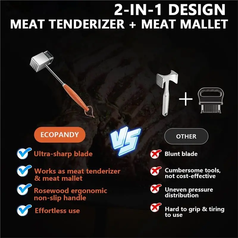 ABLK Non-Slip Rosewood Handle Meat Tenderizer Meat Mallet For Steak Pork Dual Sides Heavy Duty Easy To Clean