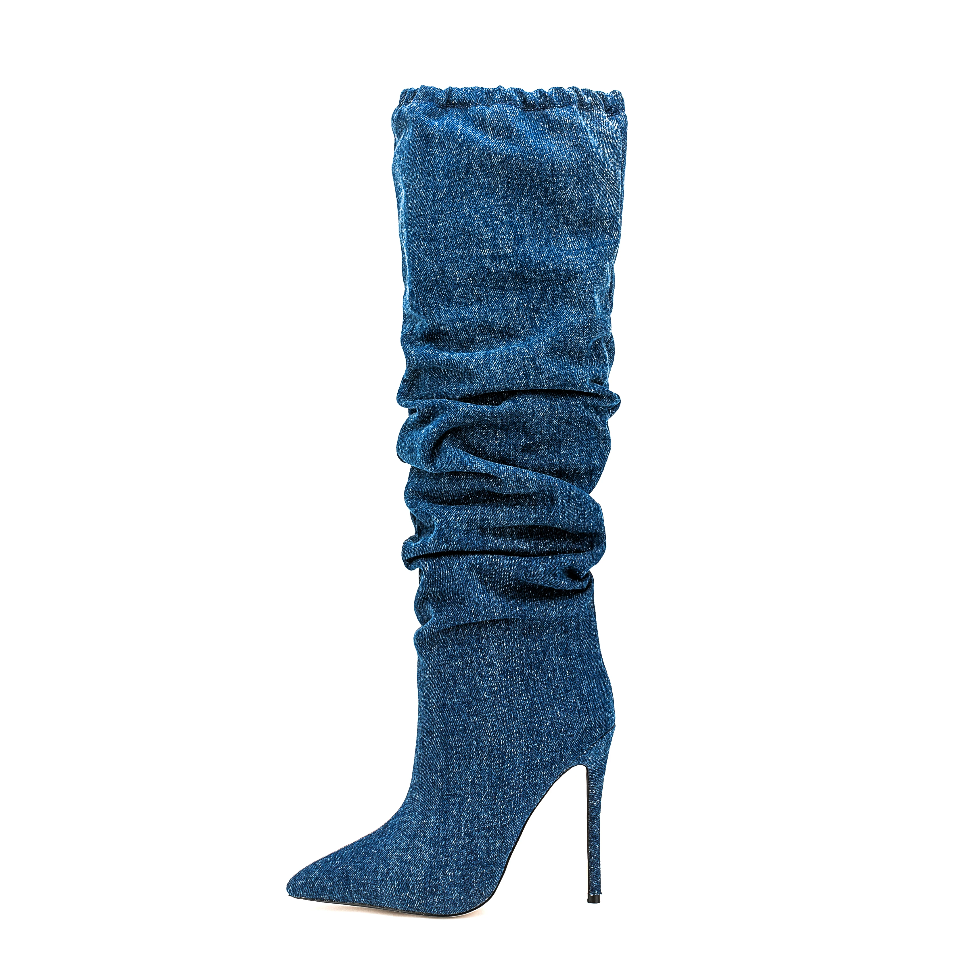 

Arden Furtado 2024 Winter Denim Pointed ultra-high heel knee boots Pleated Thin heel Sexy Elastic Modern boots Extra large size