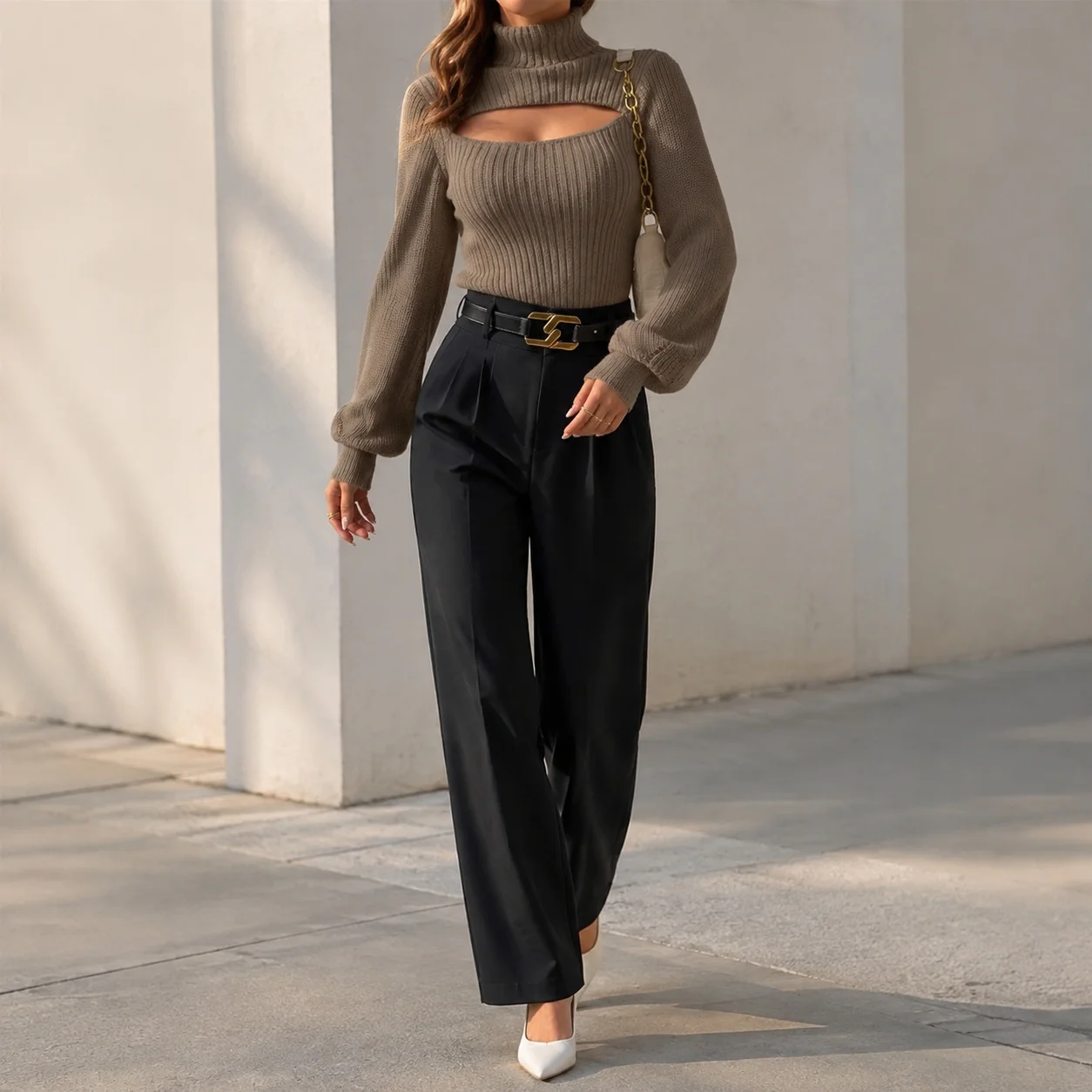 Loose Fit Hollow Out Sweater with Streetwear Long Lantern Sleeve Turtleneck Pullover Thick Autumn Women Sweater Regular Length