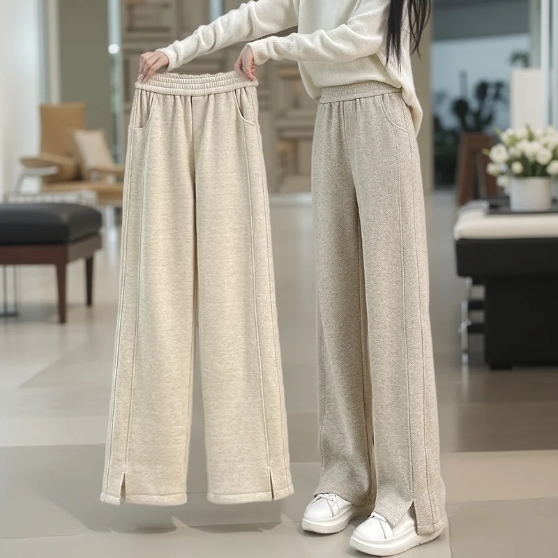 سراويل نسائية متعرجة مقاس كبير لخريف/شتاء نمط جديد سبليت وقطيفة سميكة مستقيمة الساق سراويل غير رسمية متعددة الاستخدامات