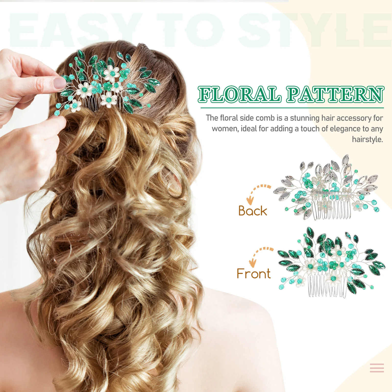 مشط زهور كريستالي، مشط جانبي أخضر مصنوع يدويًا للنساء، إكسسوارات شعر الزفاف، غطاء رأس على شكل ورقة شجر، دبوس مزخرف للحفلات الراقصة #4