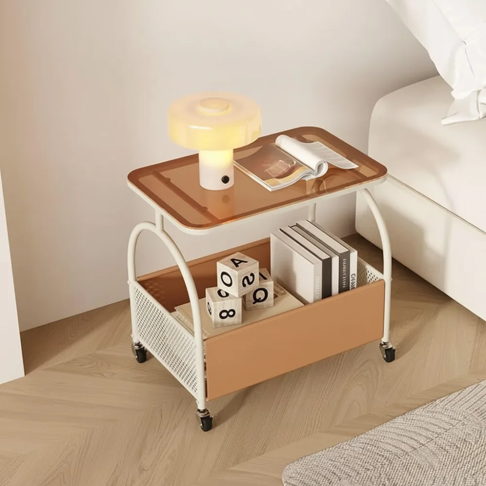 

2-Tier Rolling Side Table with Glass Top & Storage Basket - Mobile End Table for Living Room, Bedroom