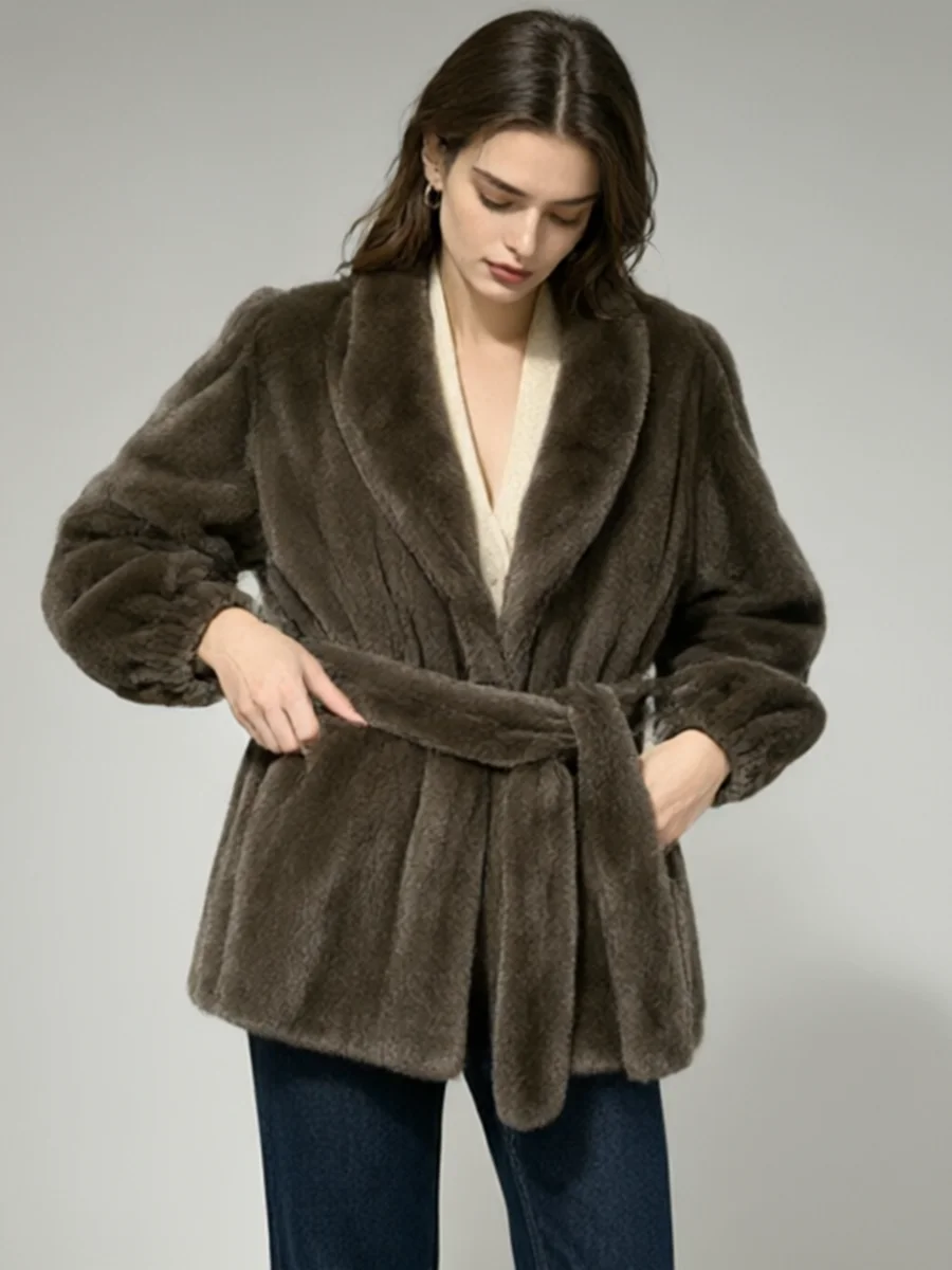 LIMO  Faux Mink Fur Coat Women Shawl Collar Belted Waist Puff Sleeve Mid Winter Luxury Warm Jacket