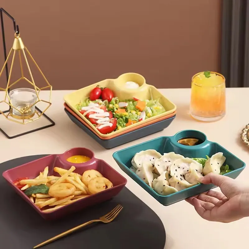 Chips and Dip Plates, Plastic Serving Platter Dumpling Plate with Dipping Saucer, Divided Snack Serving Dishes for Appetizer