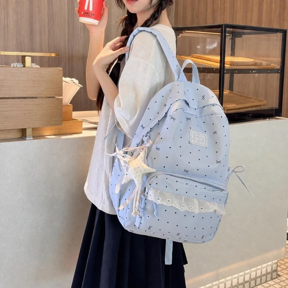 Large Capacity Campus Backpack Bowknot Polka Dot Commute Backpack Soft Nylon Material Preppy Style Design Nylon Knapsack