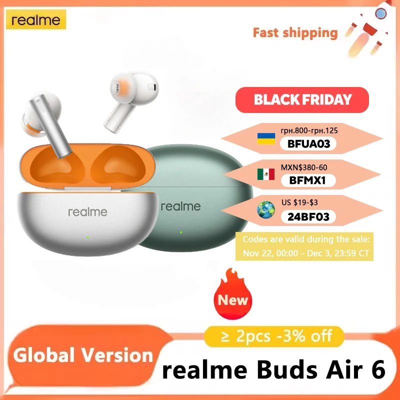 New Global Version realme Buds Air 6 Wireless Earphone 50dB Active Noise Cancelling Bluetooth 5.3 40 Hour Battery Life Headphone