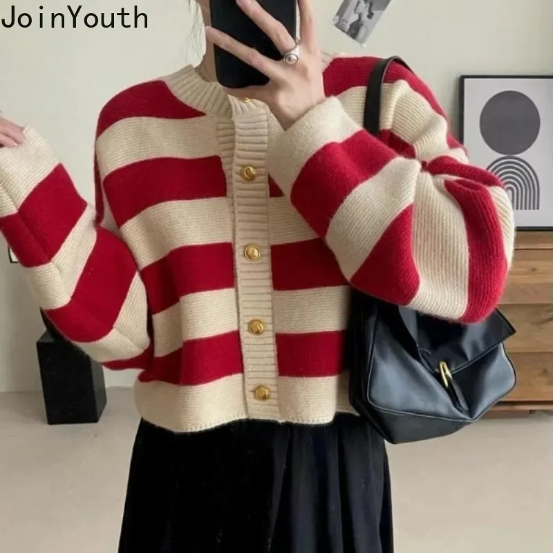 Striped Cardigan Coat 2024 Women\'s Clothing O-neck Casual Sueter Mujer Fashion Korean Knitted Cropped Sweater Tops Pull Femme