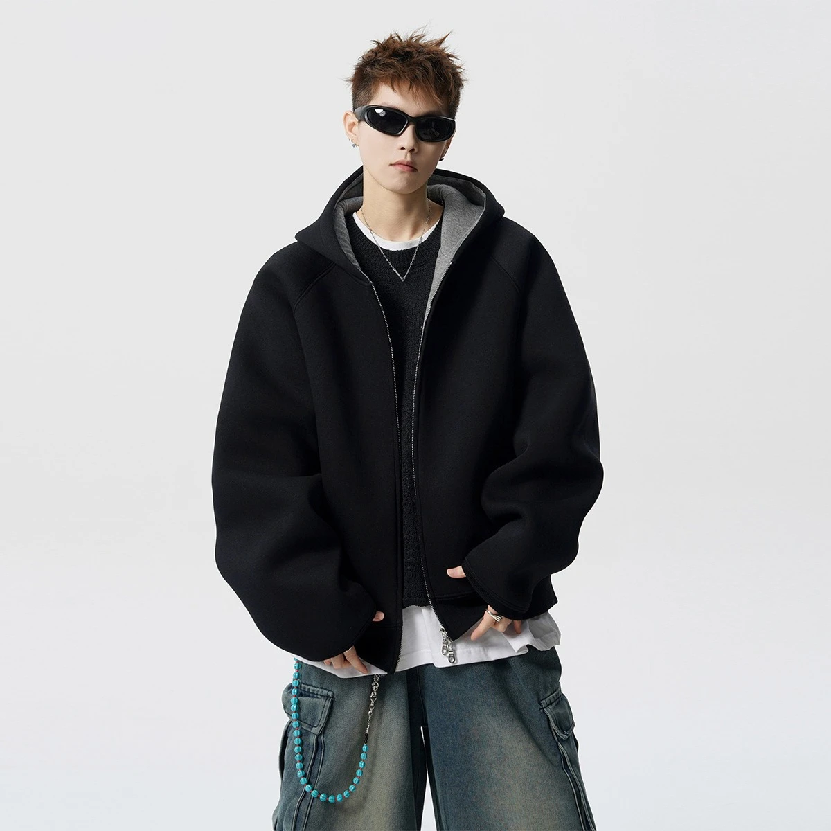 

Американский стиль, новая мода, мужские однотонные черные, серые повседневные модные простые базовые свободные толстовки с капюшоном на молнии и длинными рукавами