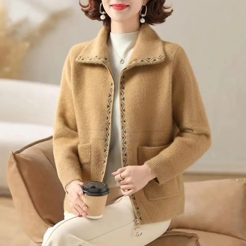 秋と冬の女性のジッパーカーディガンフロッキーポケットコートソリッドカラーカジュアルエレガントファッショントップ