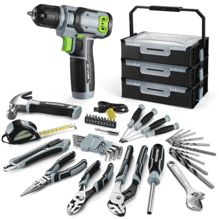 

43PCS Cordless Lithium-ion Drill Driver and Toolbox 8V 2.0 Ah Power Drill Set with Household Hand Tool Kit Battery Powe