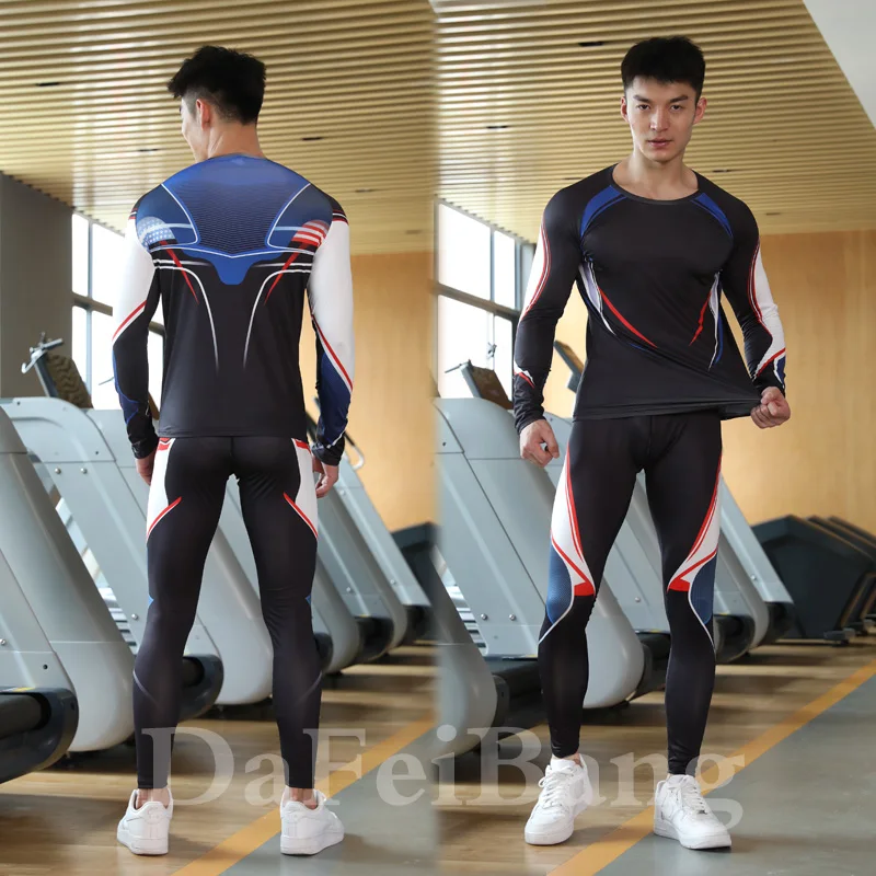 Men\'s Sports Suit MMA Rashgard Male Quick Drying Exercise Workout Leggings Sportswear Compression Clothing Fitness Training Kit