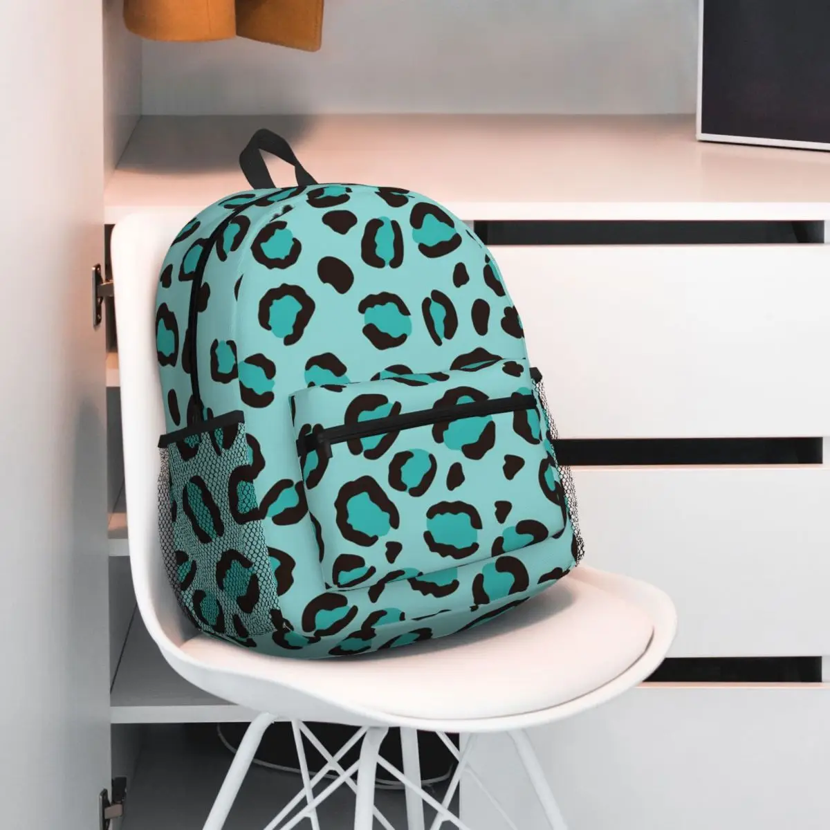 Cool Turquoise Blue Leopard Print Cheetah Backpack Daypack Large Capacity Children BookBag School Bag Shoulder Bags Men Women