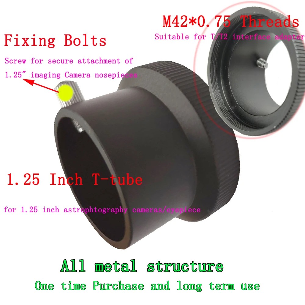 Aluminum Alloy M42*0.75 Thread T2 Tube to 1.25" Eyepiece Adapter for Telescope Eyepiece-Projection Astrophotography DSLR Camera