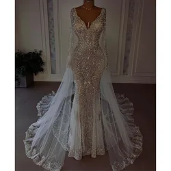 Wedding Dresses Long Sleeves V Neck 3D Lace Beaded Sequins Appliques Detachable Train Diamonds Bridal Gowns Vestido De Novia