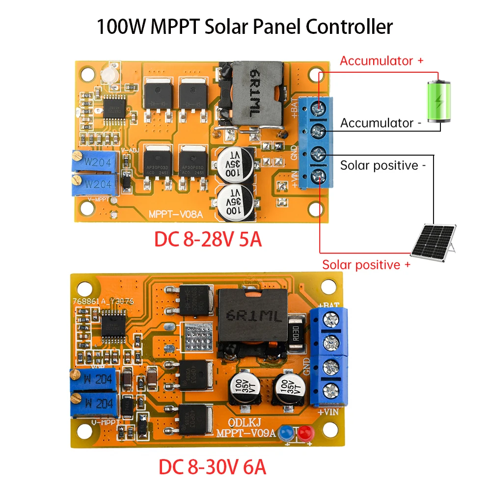 DC 8-28V 5A 6A 100W MPPT Solar Charge Controller Auto Switch 9V 12V 24V Solar Panel Regulator with Anti-reverse Protection