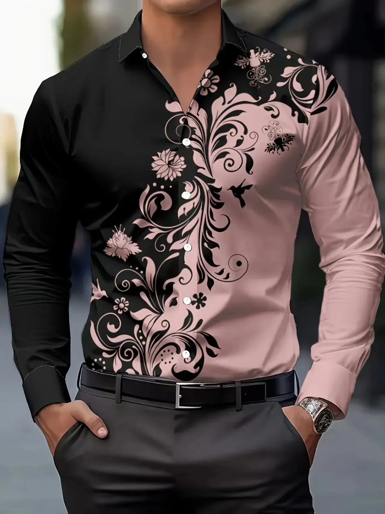 Ethnic Style Pattern Hawaiian Ethnic Wind Pattern Men's Shirt Men's Long Sleeve Simple Business Shirt Flower Comfortable Flap