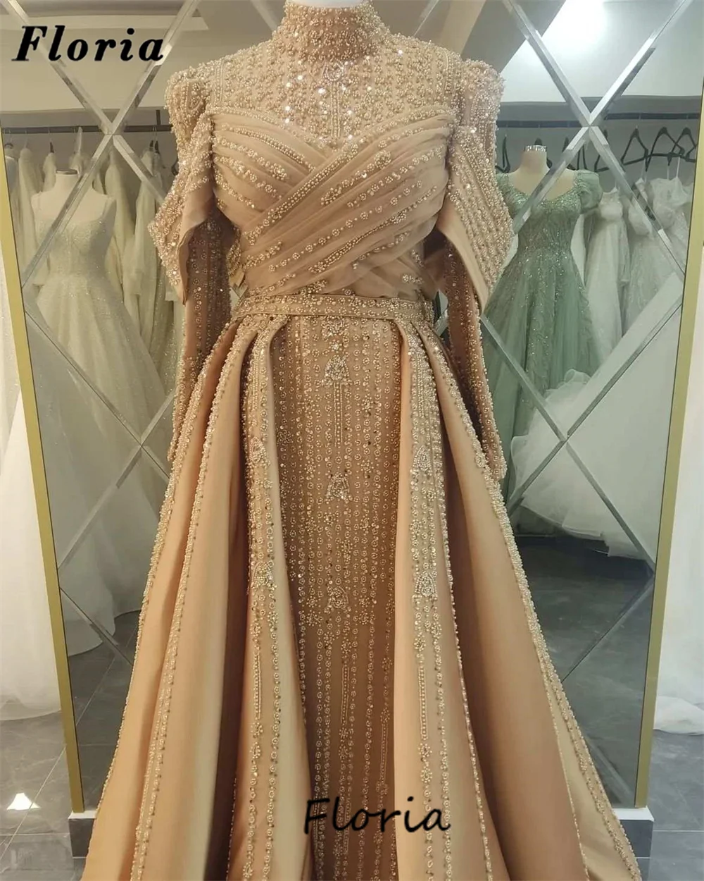 Midden-Oosten Champagne Prom Dress Formele Elegante Kralen Kristallen Lange Mouwen Avondjurk Gewaden Dubai Vrouwen Feestjurk Custom