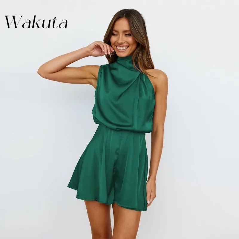 

WAKUTA American Sexy High Neck Sleeveless Wide Leg Jumpsuit Fashion Temperament Premium Feeling Slim High Neck Playsuits Romper