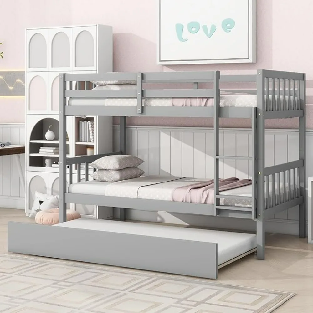 Twin Over Twin Bunk Bed with Trundle, Convertible to 2 Twin Size Platform Bed, Twin Size Bunk Bed with Ladder and Safety Rails