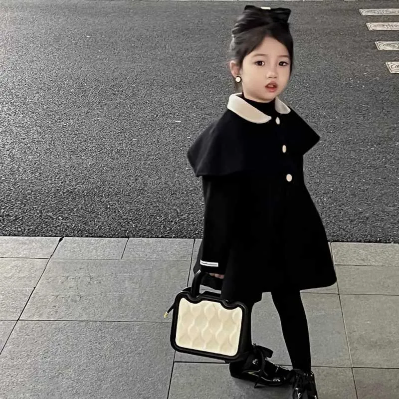 Girls\' Winter Coat New Korean Style Temperament Shawl Collar Woolen Jacket Medium Long Cardigan Children\'s Outward Clothing