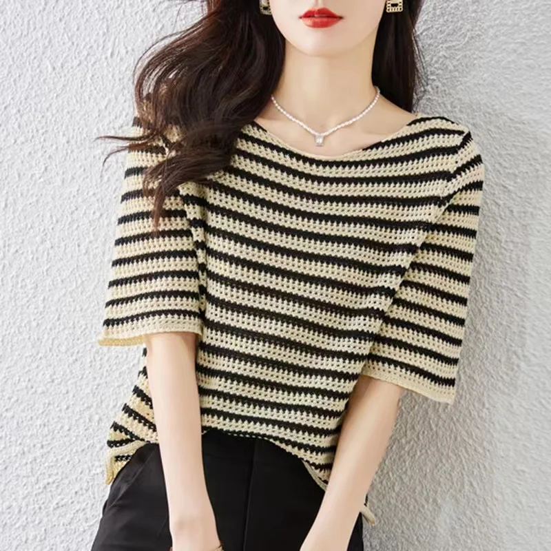 

Slimming Stripe Knitted Ice Silk ort Sve Top Loose Fit Thin Summer Women's T-irt Sweet Sle Polyester Fiber Knitwear