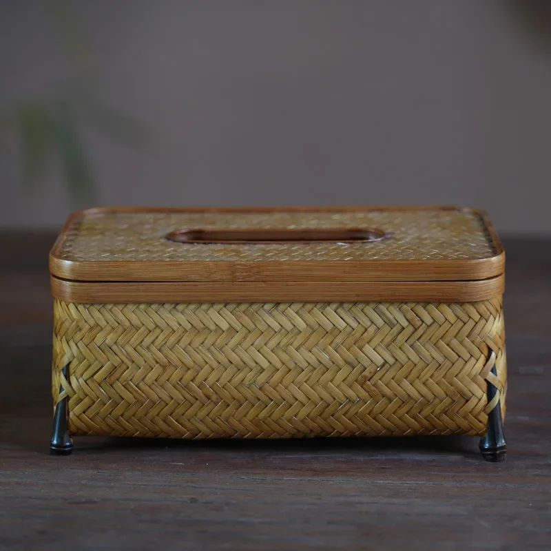 Retro Handmade Bamboo Woven Tissue Box Large Rectangular Paper Holder with Handle for Living Room Study Tea House Decor