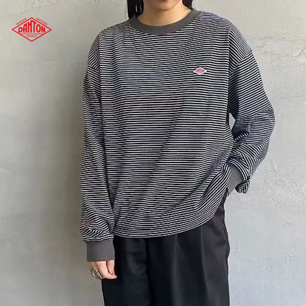 DANTON Unisex Vintage Contrast Striped Long Sleeve Sweatshirt,Japanese Loose Fit Casual Pullover Daily Wear Top