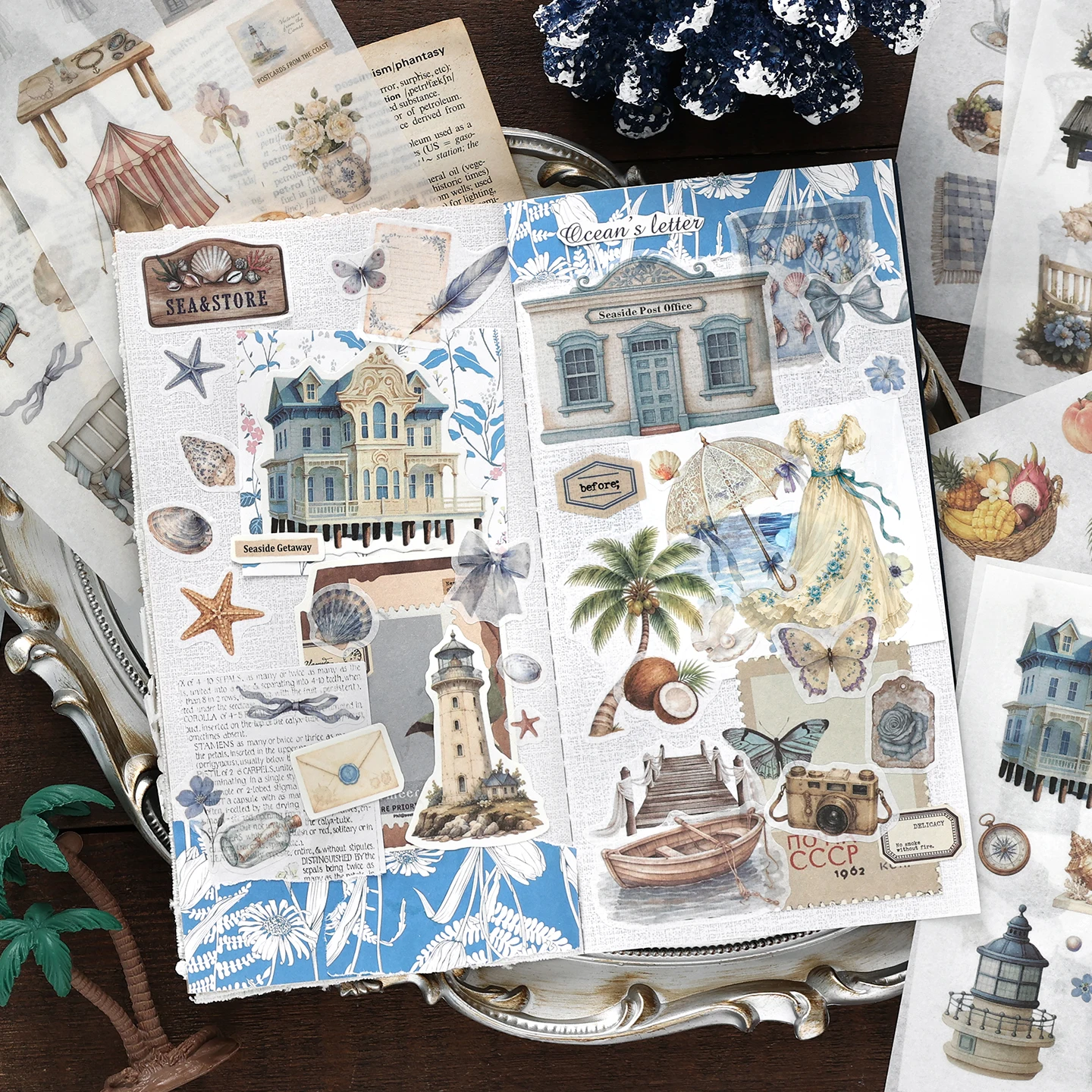 TIANZI 20pcs Die-Cut Sticker Book Vintage Style Leaves & Furniture Items Glitter Matte Glossy Finish School Stationery Supplies
