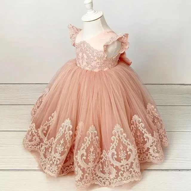 Blush Pink Flower Girl Dresses for Wedding Ruffles Lace Appliques Girl Kids Birthday Party Princess First Holy Communion Gowns