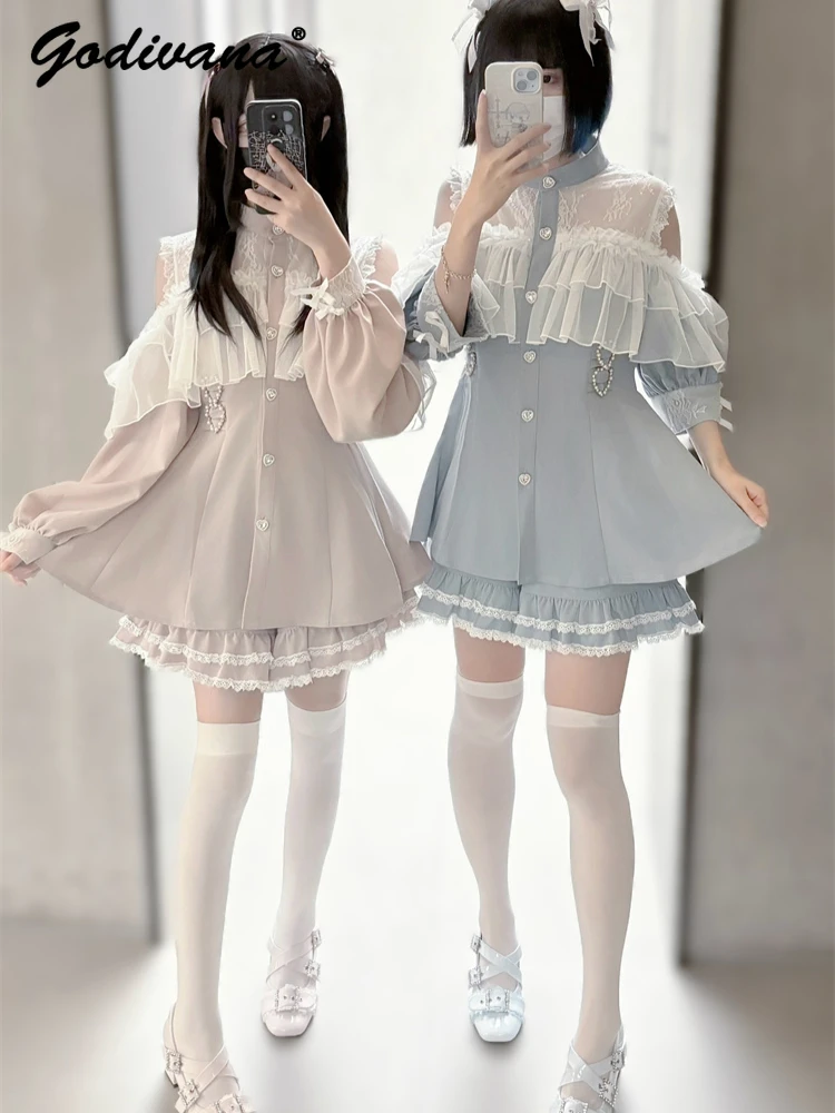 

Japanese Mine Off Shoulder Cover Yarn Cape Sweet Long-sleeved Shirt Top and Culottes 2024 Autumn New Women's Lolita Shorts Set