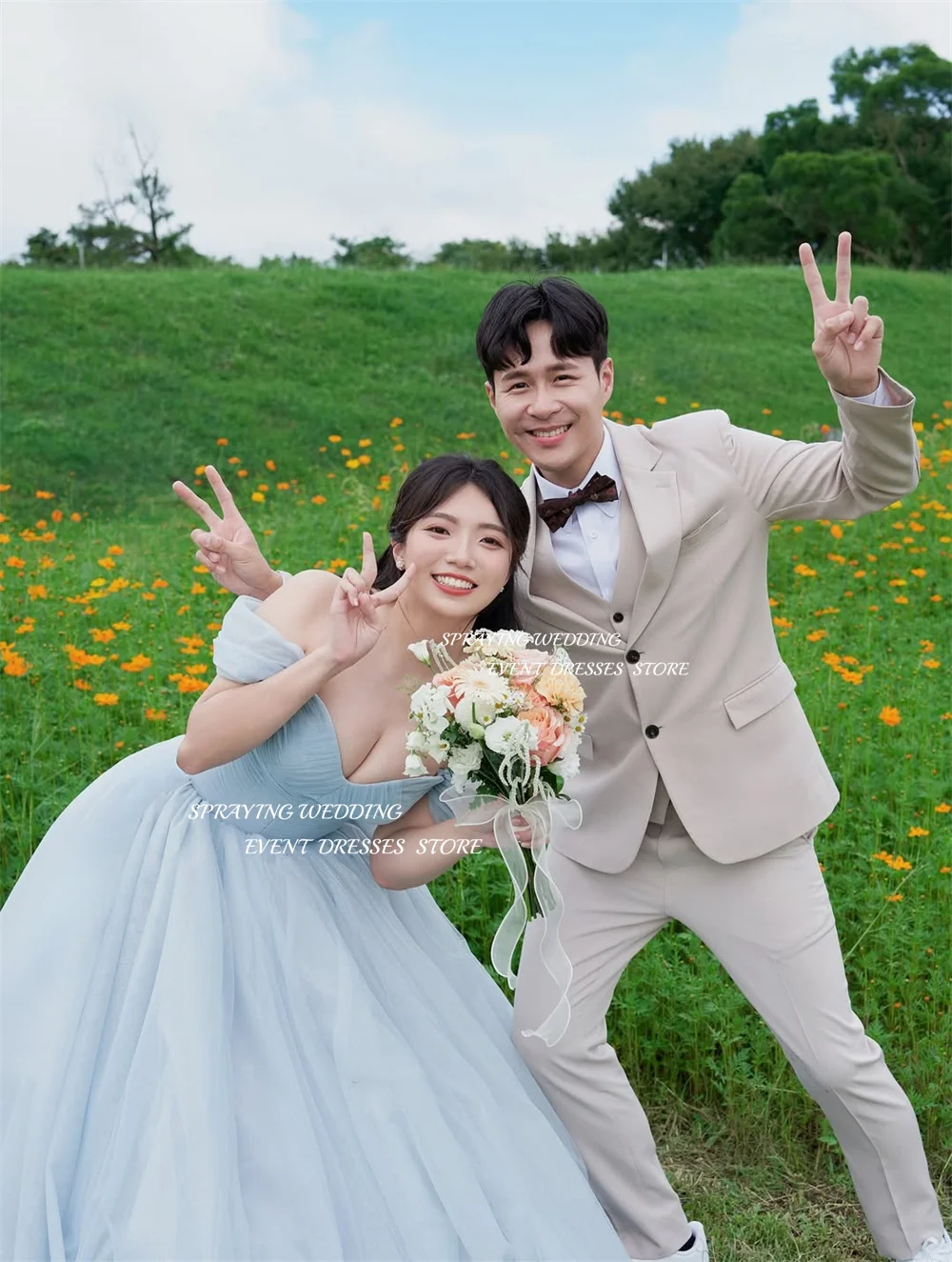 スプレー染めブルーチュールイブニングドレス韓国ウェディングフォト撮影VネックオフショルダーパーティードレスAラインロングコルセットカスタムメイド2026