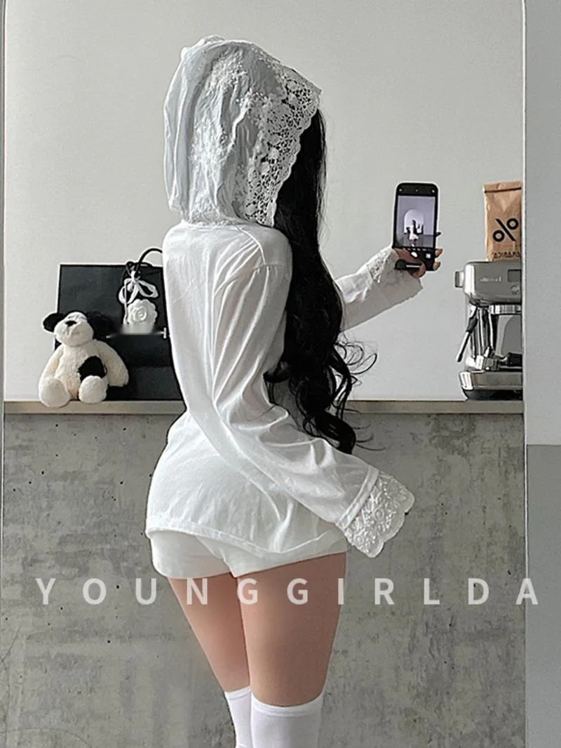 Pure Desire Lace Splicing Hoodie Loose Slim Long Sleeve T-shirt Top For Women Dress Elegant Fashion Sweet Women Tops 0XLW