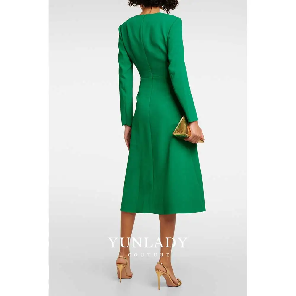 YUNLAN Green Round Neck Long Sleeve Mother of the Bride Evening Dress 2024 Saudi Arabia Ladies Wedding Guest Formal Midi Dress