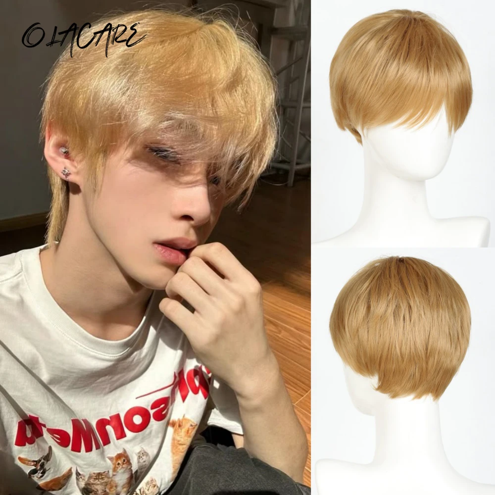 OLACARE Synthetic Straight Anime Men Black Gray Blonde Hair Wig Short Wigs with Bangs for Daily Party Cosplay