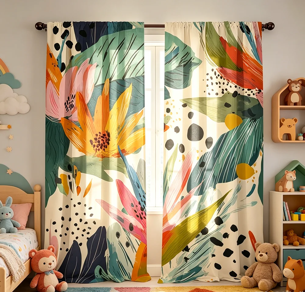 2PCS Digital Printed Curtains, Tropical Paradise Pattern, Artistic Pattern Window Drapes for Living Room Bedroom Decor