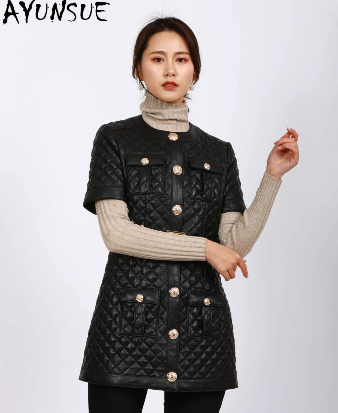 AYUNSUE จริงหนังแจ็คเก็ตผู้หญิง 2025 ความยาวกลาง Sheepskin สตรีเสื้อฤดูใบไม้ผลิฤดูใบไม้ร่วงเสื้อผ้าแขนสั้น Jaqueta De Couro