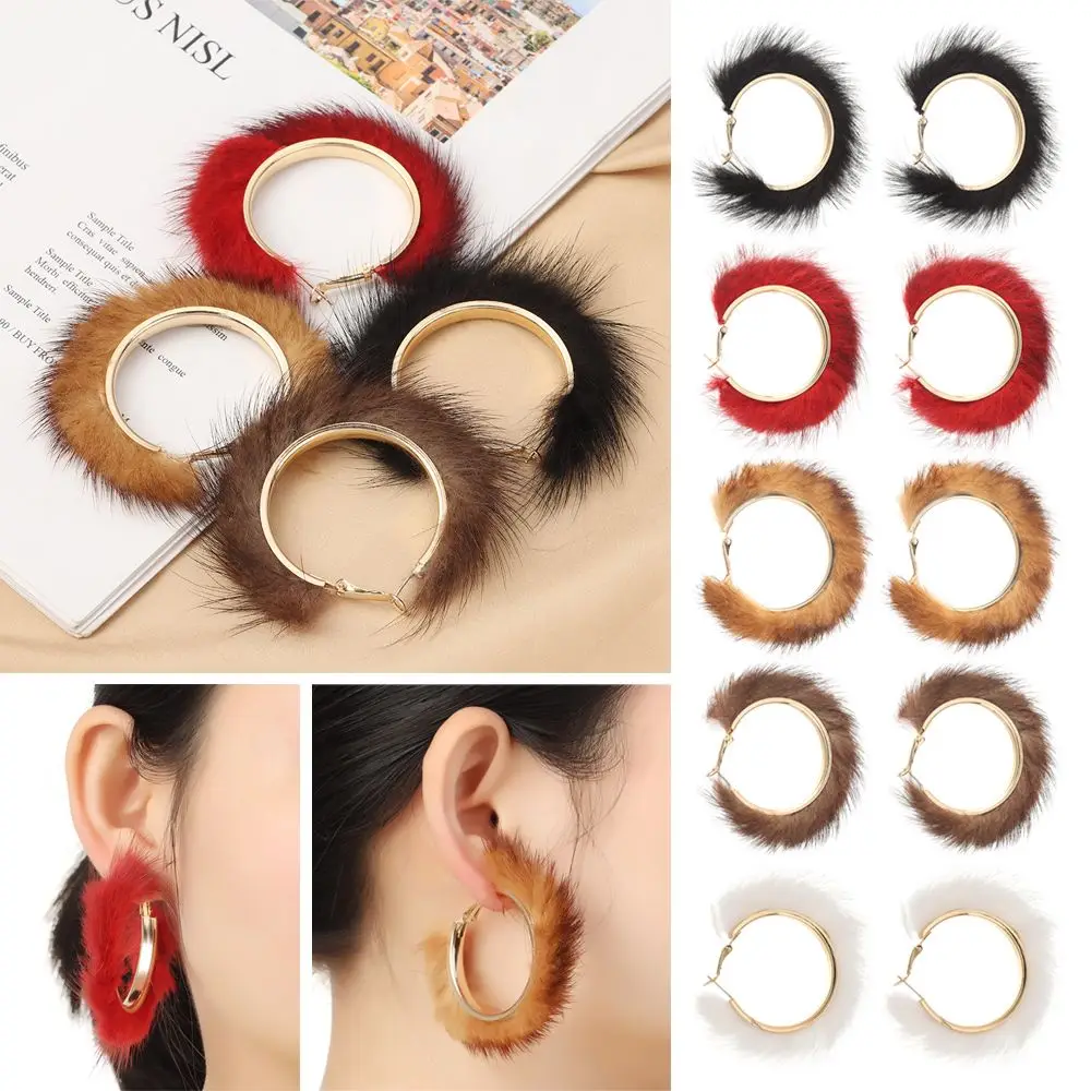 1 Pair Gifts Temperament Christmas Exaggerated Plush Jewelry Warm Fur Hoop Big Circle Earrings Round Hairy Earring