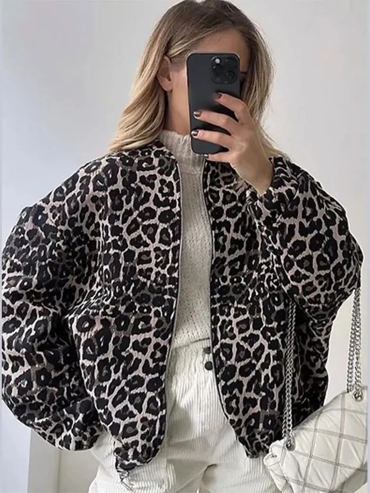 Women Chic O-neck Long Sleeve Retro Leopard Print Short Coats Zipper Jackets Female Autumn Winter Warm High 2024 Street Outwear