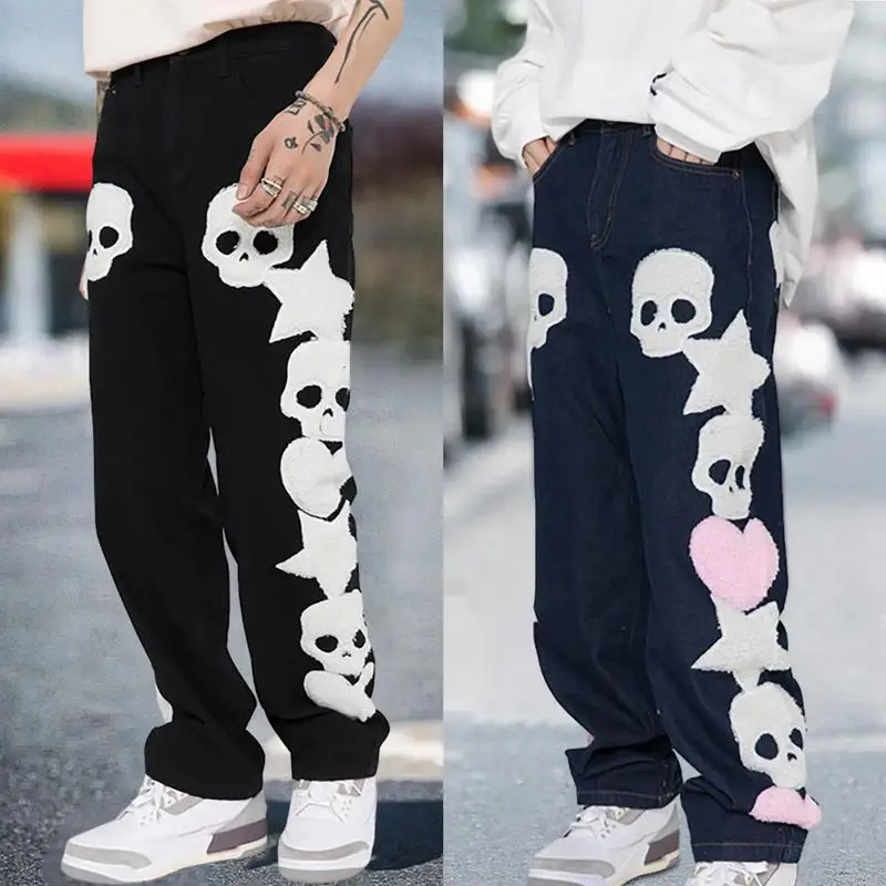 

Y2k Skull Jeans Mens Aesthetic Baggy Star Skull Printer Hip Hop Pants Straight Leg Denim Goth Y2k Couple Fashion Streetwear