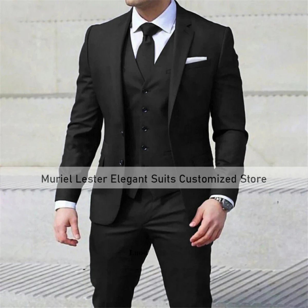 

Classic Navy Mens Suits Set Formal Business 3 Pieces Jacket+Vest+Pants Groomsmen Wedding Tuxedo Slim Fit Blazer Male Clothing