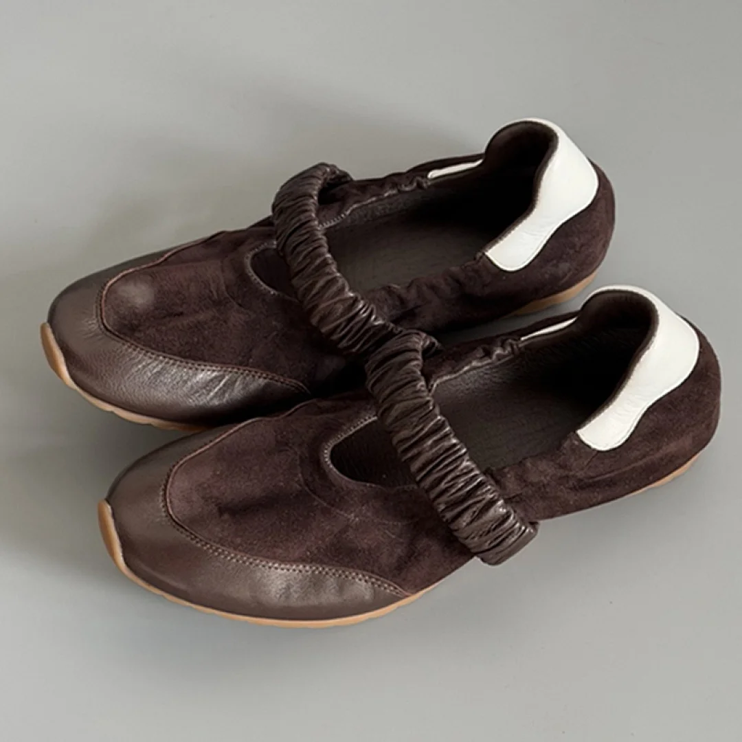 

Maxdutti Ins Fashion Blogger Genuine Leather Mary Janes Shoes For Woman Retro Brown Color Blocked Pleated Soft Women's Shoes