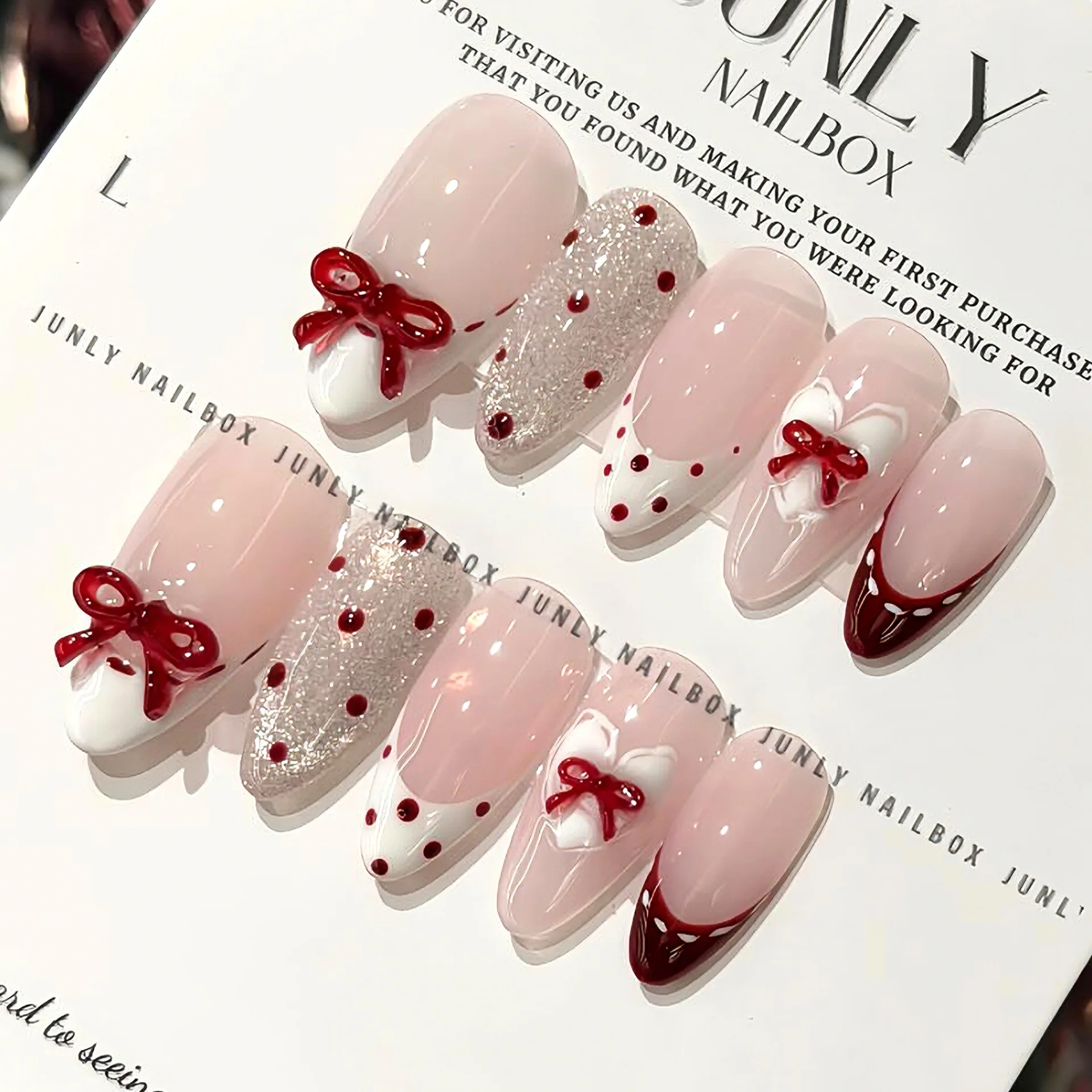 

30pcs French Tip 3D Red Bow Polka Dot Press on Nail Silver Glitter Burgundy Wine Red False Nails Short Almond Fake Nail