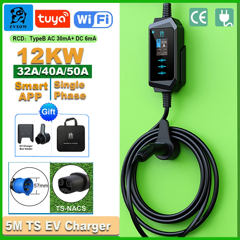 evsow 12KW50A EV Charger TS-SNACS Fast Charging Charger With WIFI APP Control EVSE Charging Box Portable Electric Car Charger