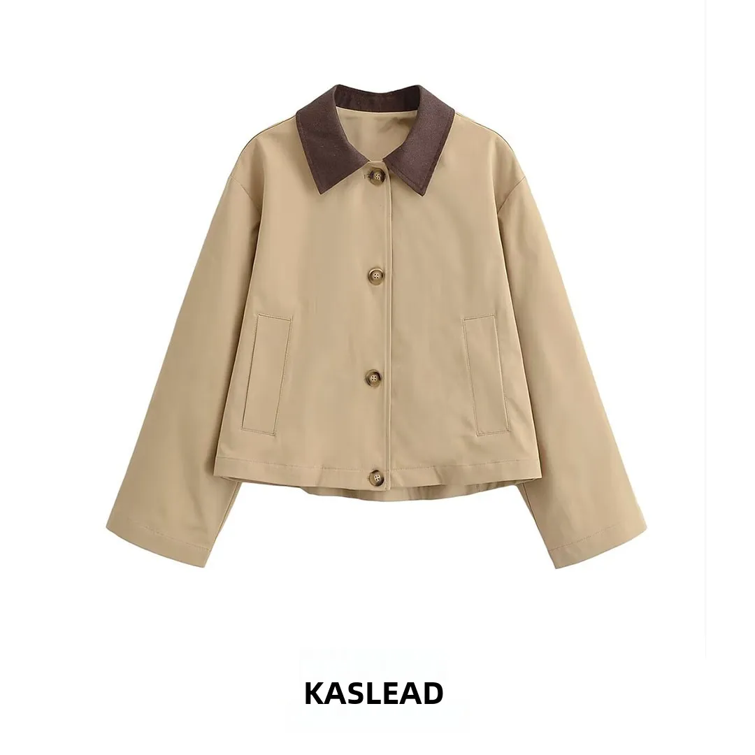 

KASLEAD New Women's Fashion Short Jacket Coat Splicing Collar Stylish Polyester Fiber Long Sleeve Spring Autumn Outerwear